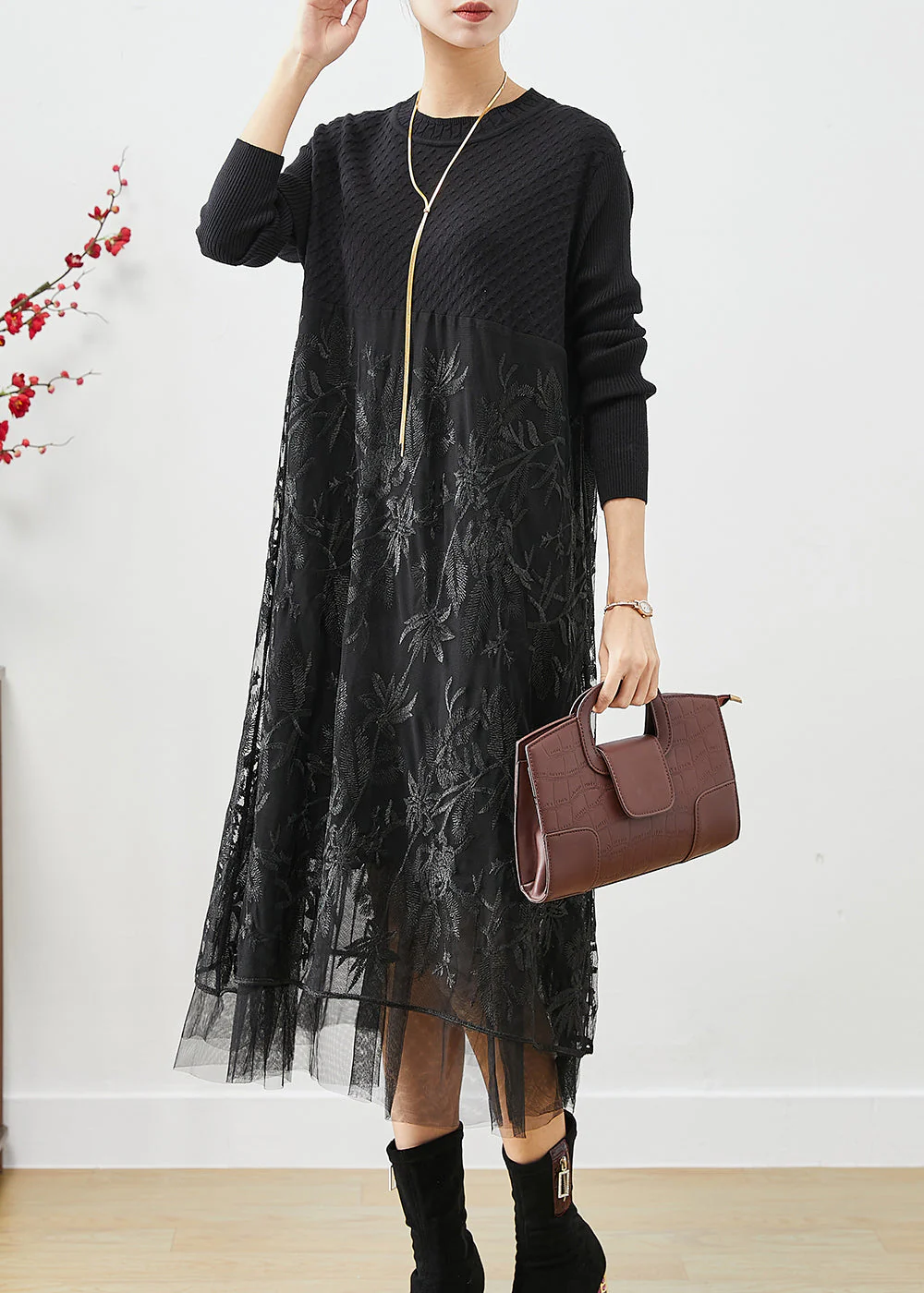 Boho Black Embroideried Tulle Patchwork Knit Long Dress Fall - Image 2