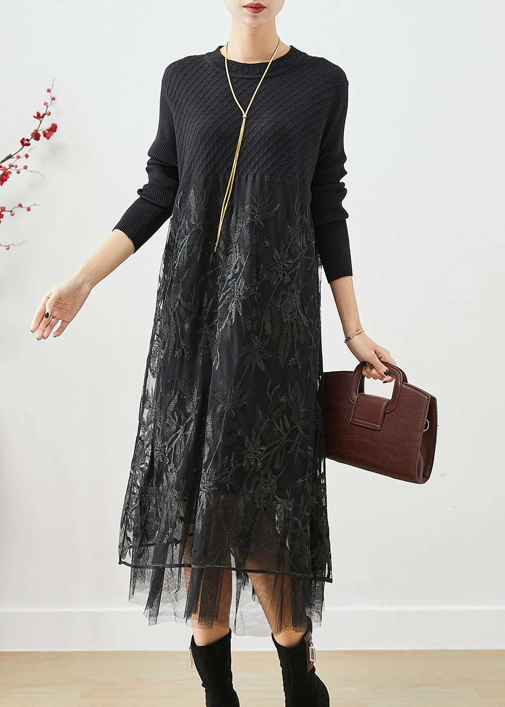Boho Black Embroideried Tulle Patchwork Knit Long Dress Fall - Image 3