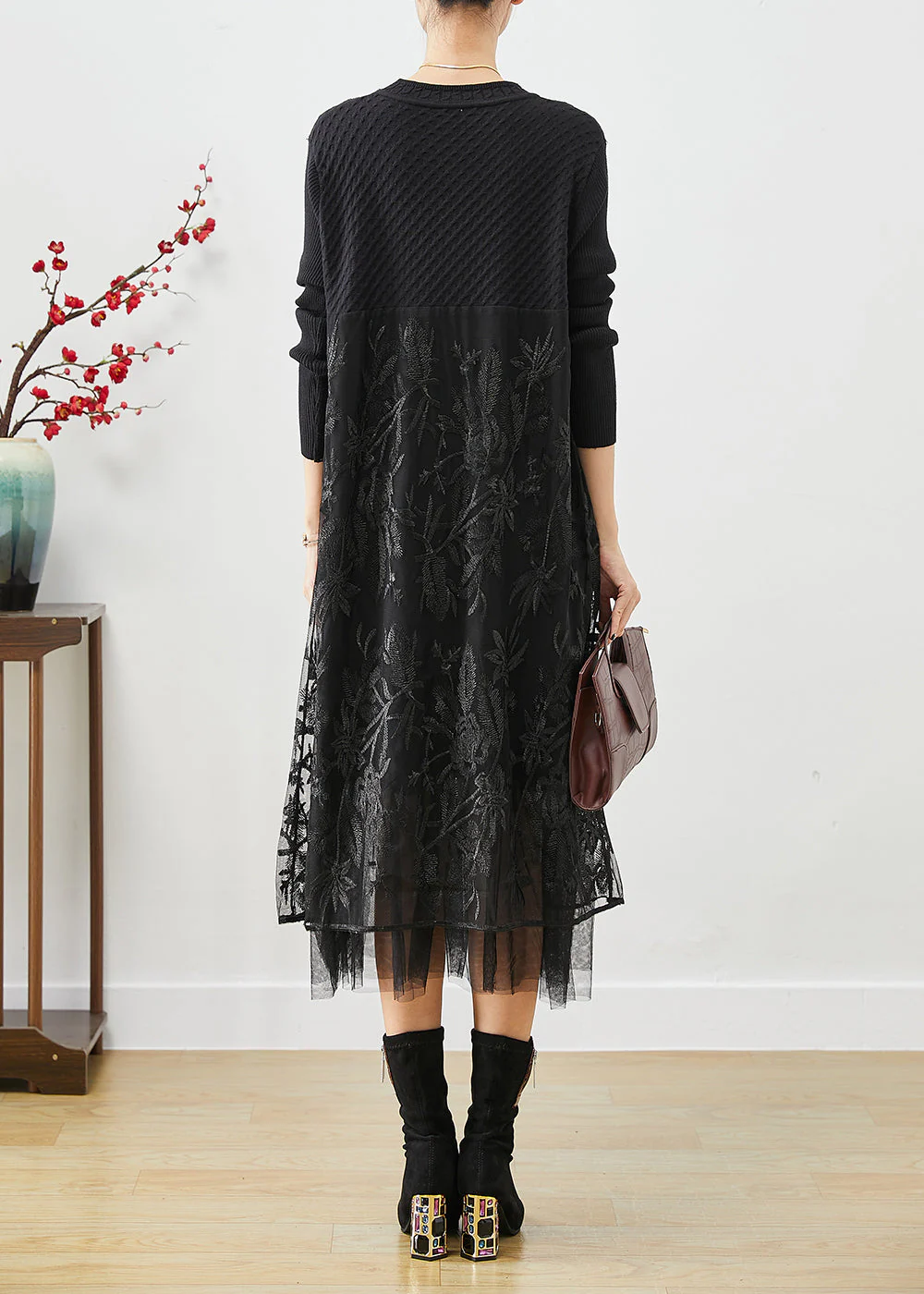 Boho Black Embroideried Tulle Patchwork Knit Long Dress Fall - Image 4