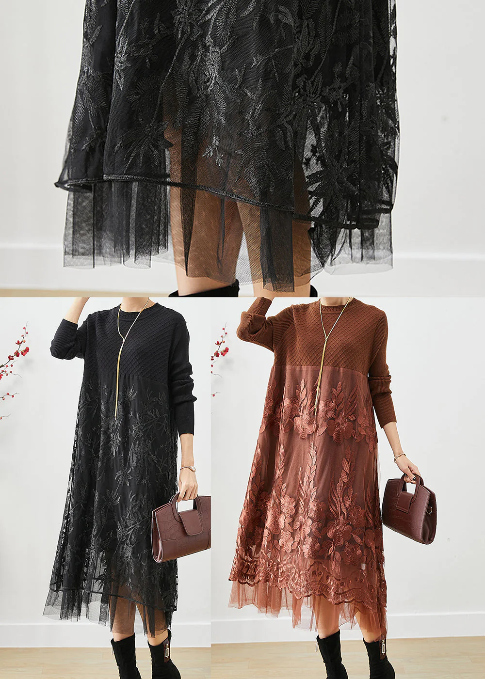 Boho Black Embroideried Tulle Patchwork Knit Long Dress Fall - Image 5