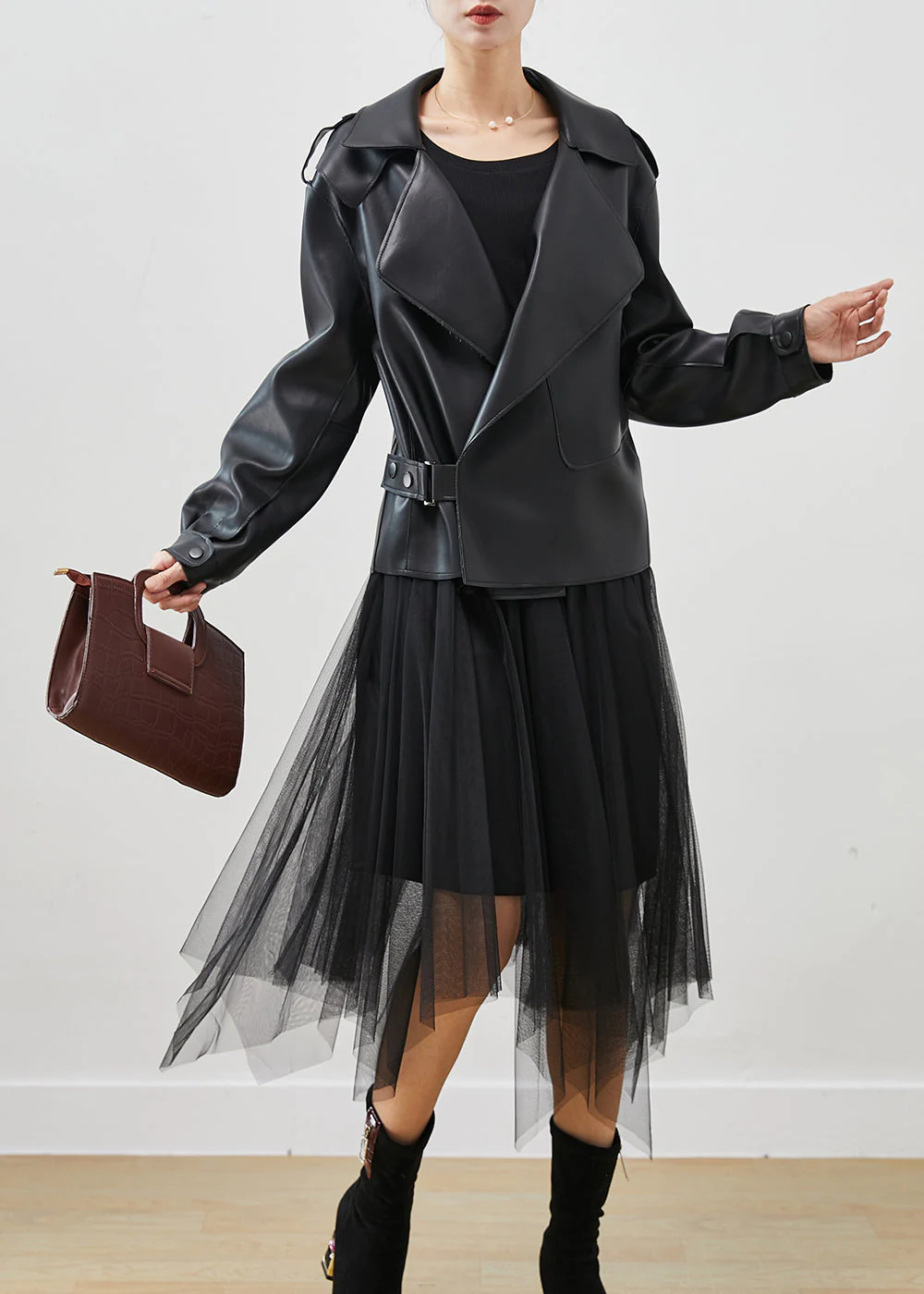 Boho Black Faux Leather Coats And Tull Dress Two Piece Set Women Clothing Spring - Image 3