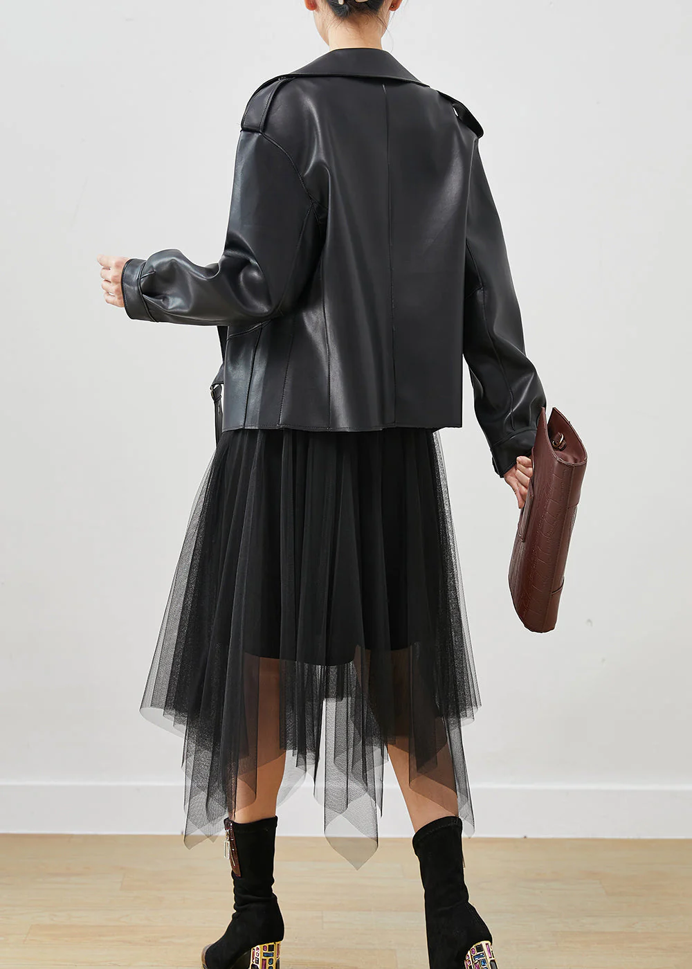 Boho Black Faux Leather Coats And Tull Dress Two Piece Set Women Clothing Spring - Image 4