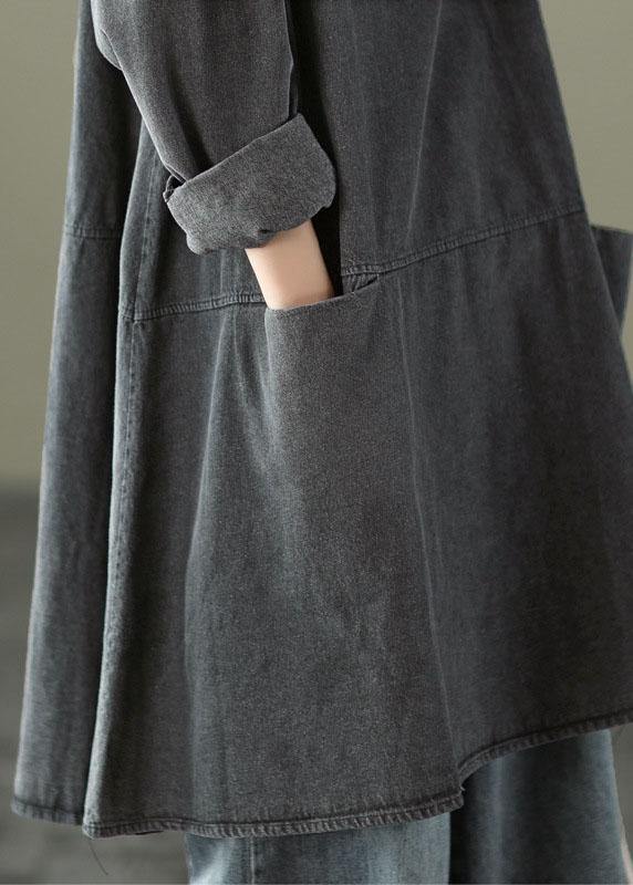 Boho Black Grey-blue flower O-Neck Pockets Denim Long Dresses Long Sleeve - Image 6