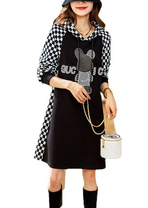 Boho Black Hooded Plaid Sweatshirt dress Winter - Image 4