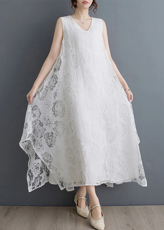 Boho Black O-Neck Asymmetrical Hollow Out Floral Holiday Lace Maxi Dress Summer - Image 2