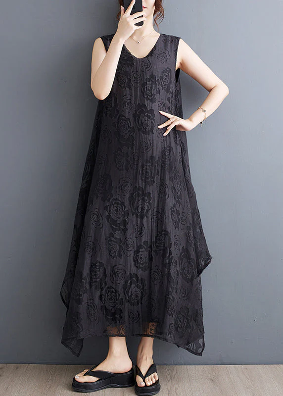 Boho Black O-Neck Asymmetrical Hollow Out Floral Holiday Lace Maxi Dress Summer - Image 3