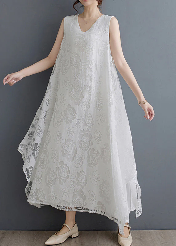 Boho Black O-Neck Asymmetrical Hollow Out Floral Holiday Lace Maxi Dress Summer - Image 4