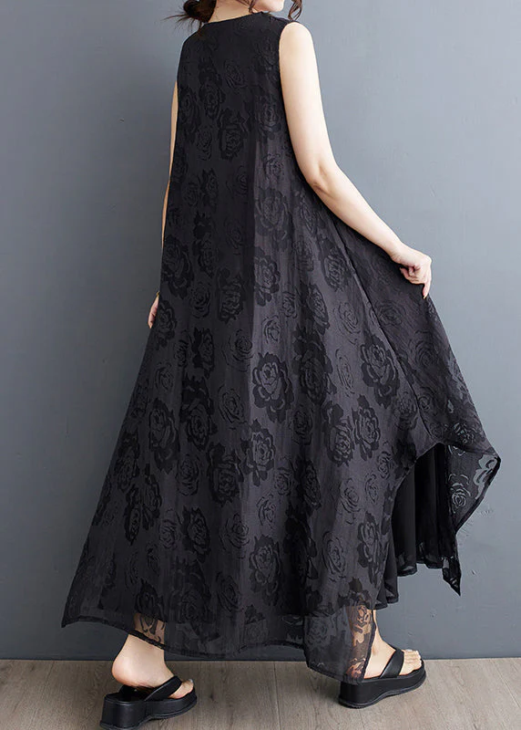 Boho Black O-Neck Asymmetrical Hollow Out Floral Holiday Lace Maxi Dress Summer - Image 5
