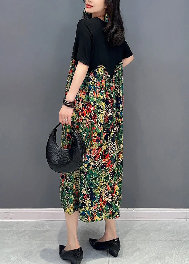 Boho Black O-Neck Patchwork Print Long Dress Short Sleeve - Image 5