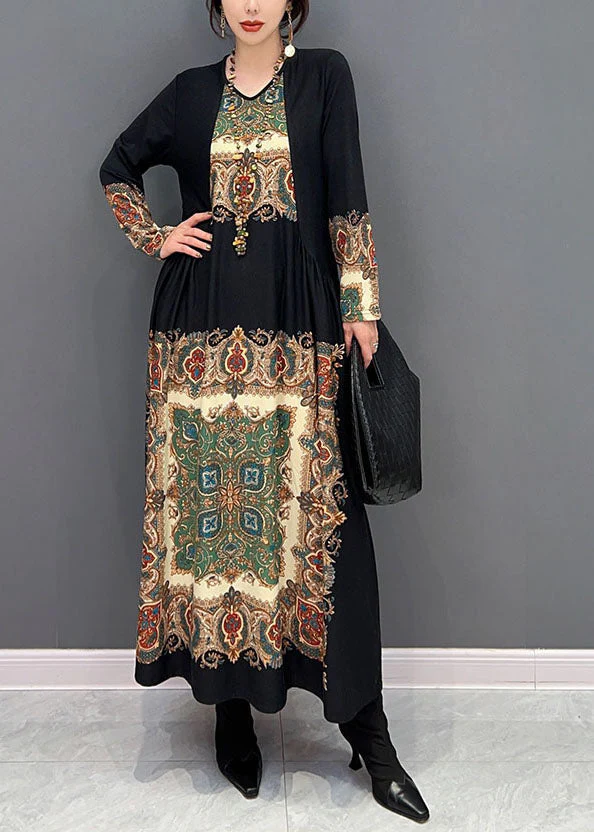 Boho Black O Neck Wrinkled Print Silk Dresses Spring