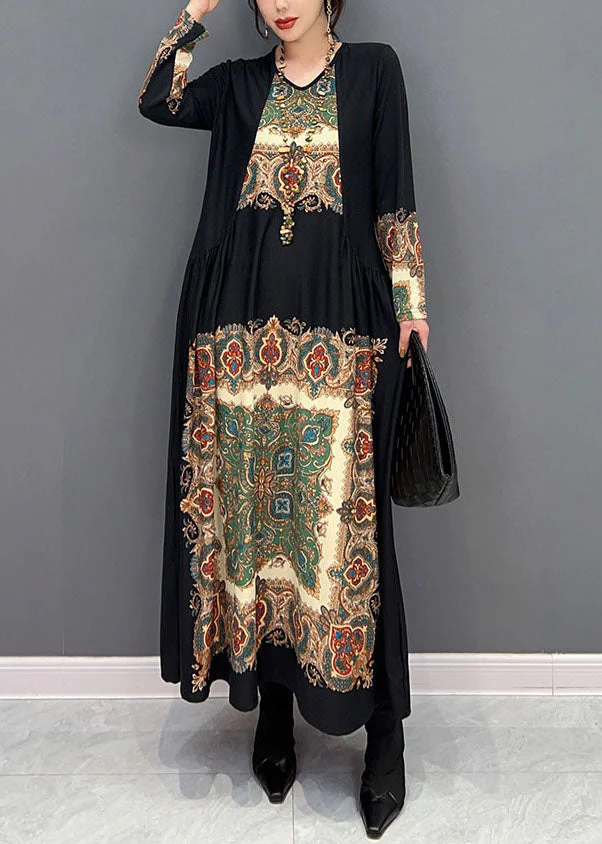Boho Black O Neck Wrinkled Print Silk Dresses Spring - Image 2