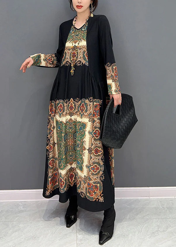 Boho Black O Neck Wrinkled Print Silk Dresses Spring - Image 3