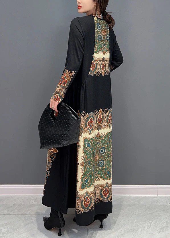 Boho Black O Neck Wrinkled Print Silk Dresses Spring - Image 4