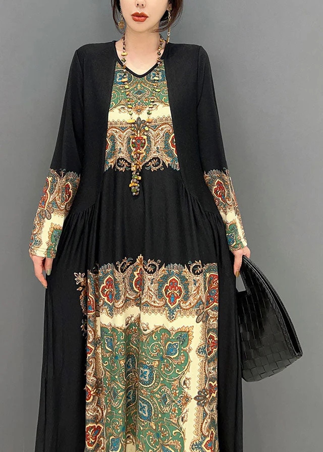 Boho Black O Neck Wrinkled Print Silk Dresses Spring - Image 5