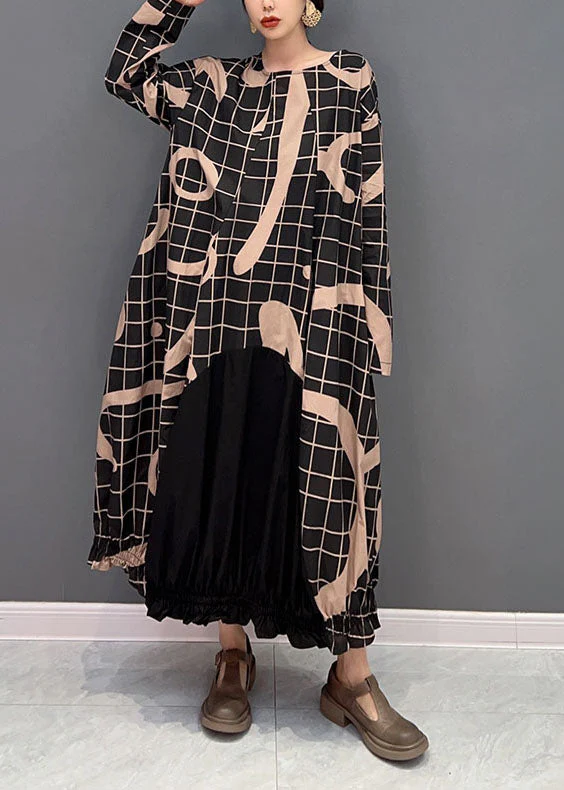 Boho Black Oversized Patchwork Plaid Cotton Long Dress Spring