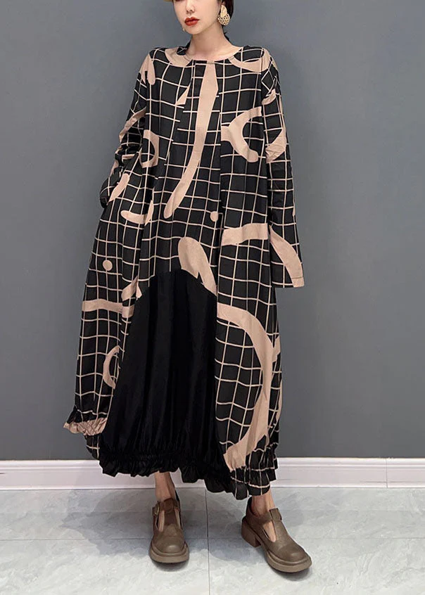 Boho Black Oversized Patchwork Plaid Cotton Long Dress Spring - Image 2