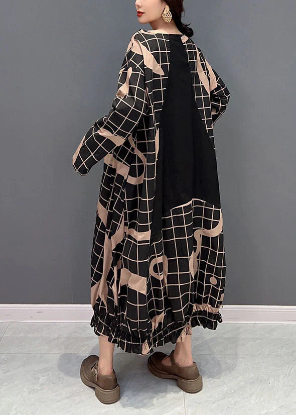 Boho Black Oversized Patchwork Plaid Cotton Long Dress Spring - Image 3