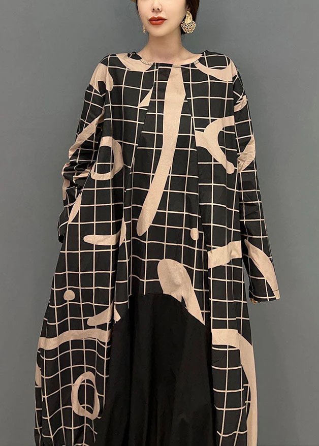 Boho Black Oversized Patchwork Plaid Cotton Long Dress Spring - Image 4