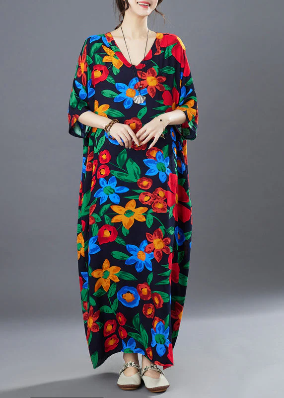 Boho Black Oversized Print Cotton Long Dress Summer - Image 2