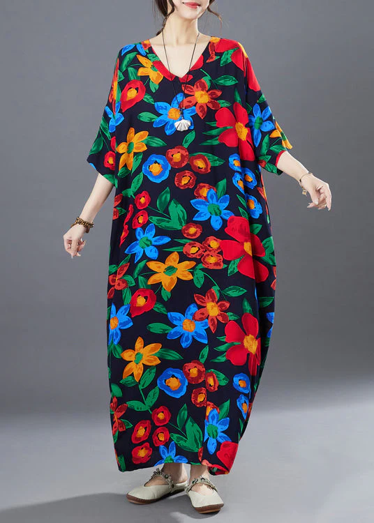 Boho Black Oversized Print Cotton Long Dress Summer - Image 3