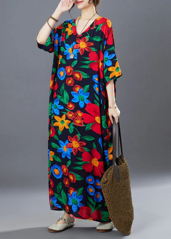 Boho Black Oversized Print Cotton Long Dress Summer - Image 4