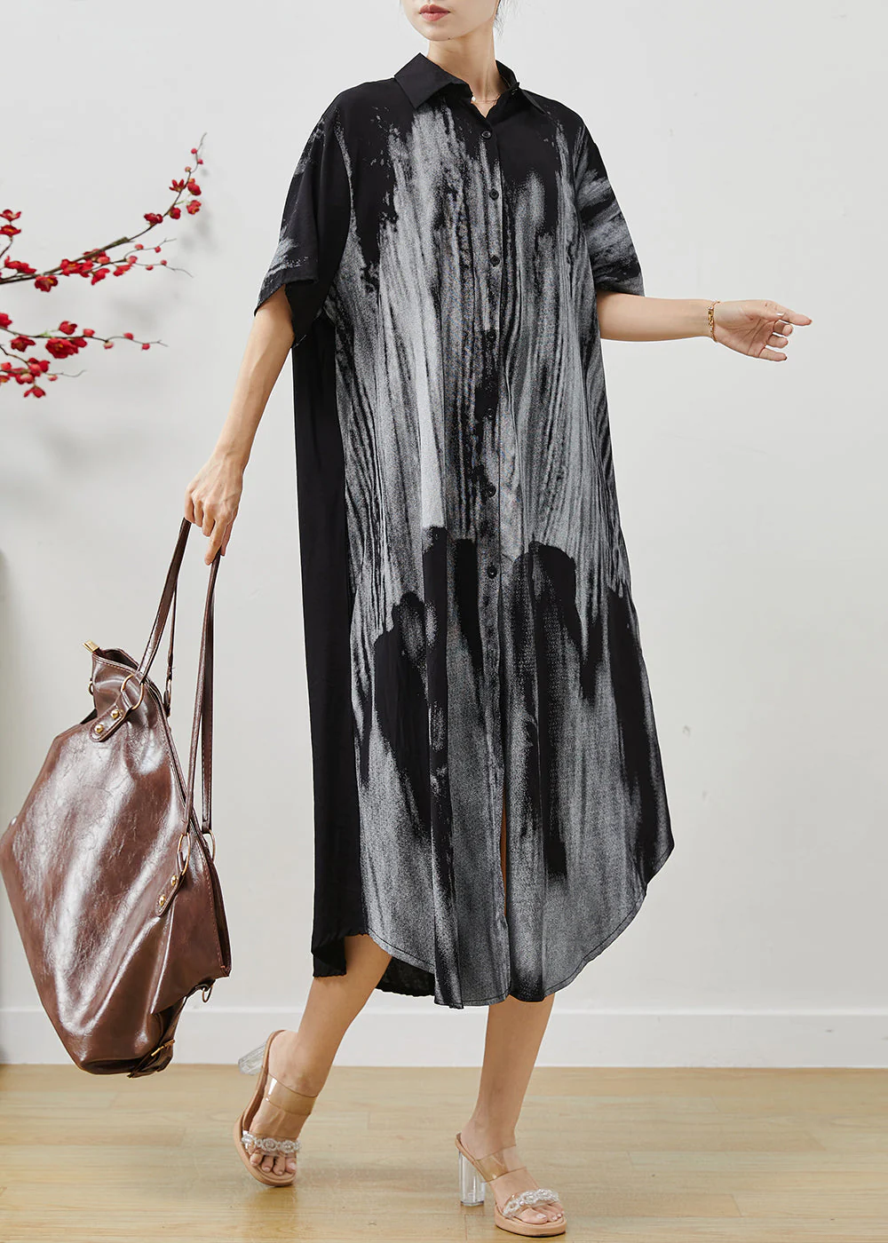 Boho Black Oversized Print Cotton Shirt Dresses Summer - Image 2