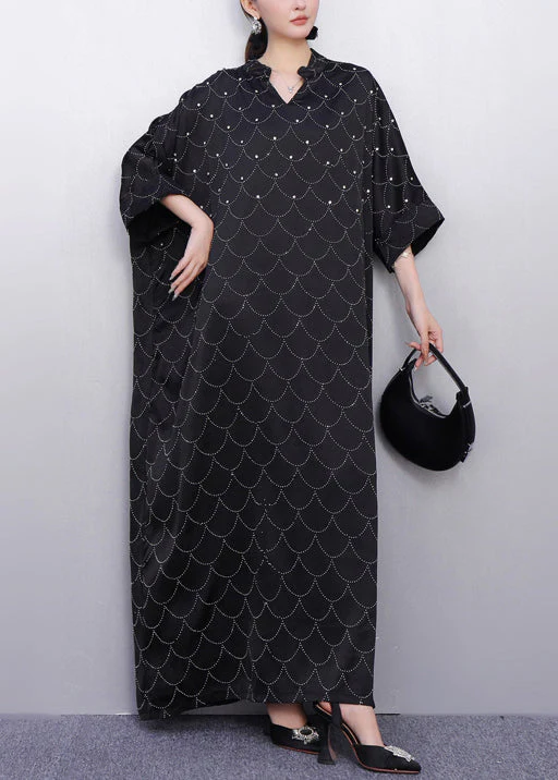 Boho Black Oversized Rhinestone Silk Maxi Dresses Summer - Image 2