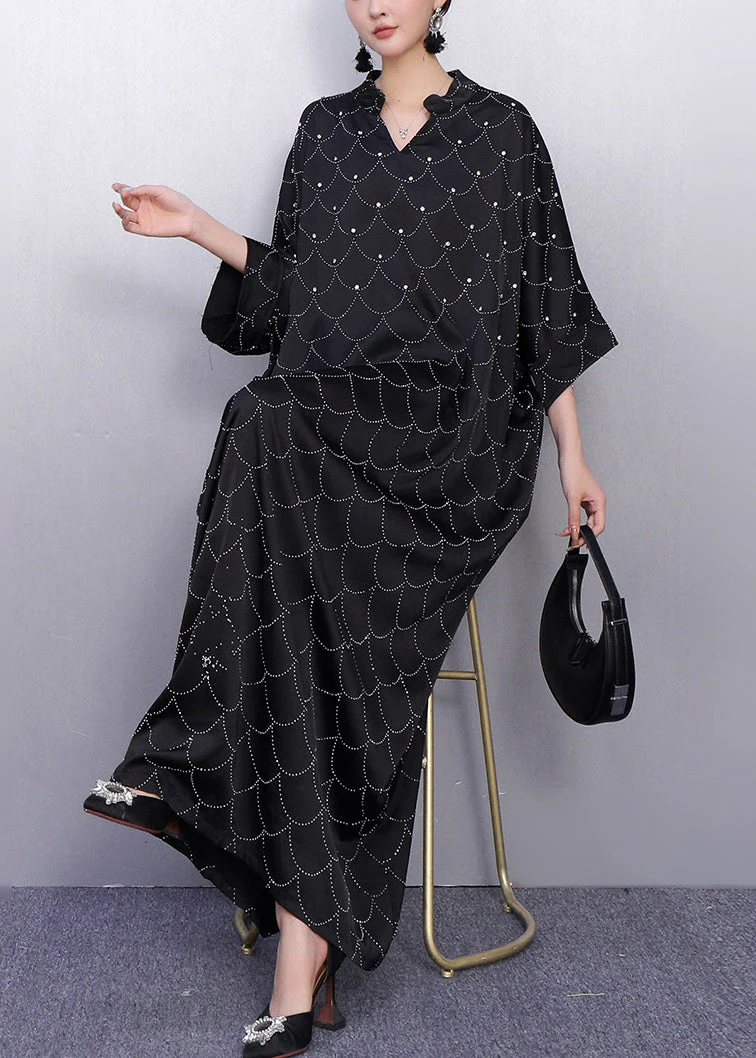 Boho Black Oversized Rhinestone Silk Maxi Dresses Summer - Image 3