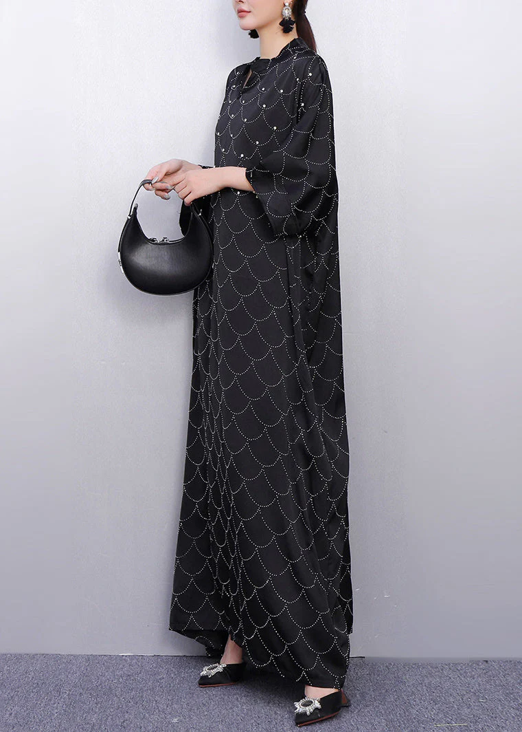 Boho Black Oversized Rhinestone Silk Maxi Dresses Summer - Image 4