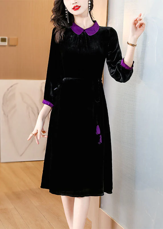 Boho Black Peter Pan Collar Patchwork Silk Velour Maxi Dresses Long Sleeve - Image 2