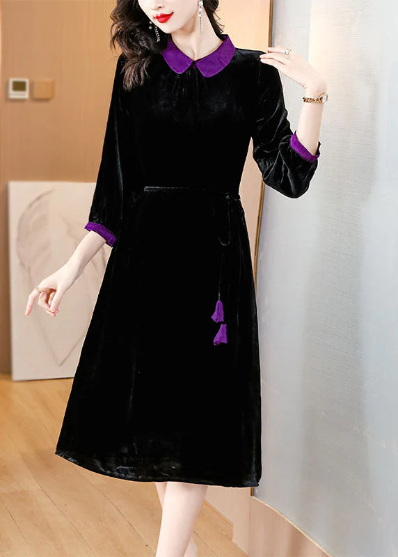Boho Black Peter Pan Collar Patchwork Silk Velour Maxi Dresses Long Sleeve - Image 3