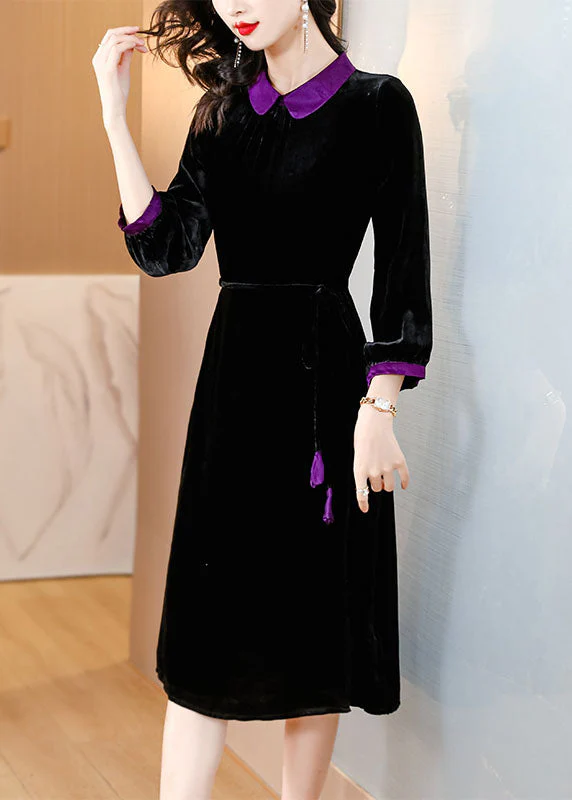 Boho Black Peter Pan Collar Patchwork Silk Velour Maxi Dresses Long Sleeve - Image 4