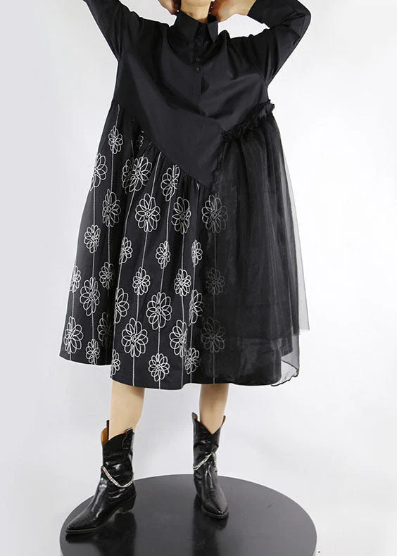 Boho Black Peter Pan Collar print tulle Patchwork shirt Dresses Spring - Image 2