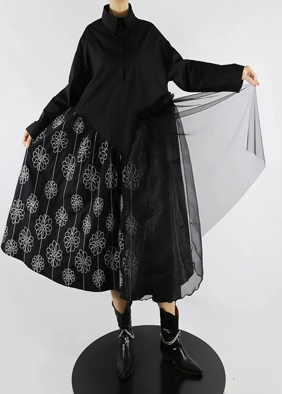 Boho Black Peter Pan Collar print tulle Patchwork shirt Dresses Spring - Image 3