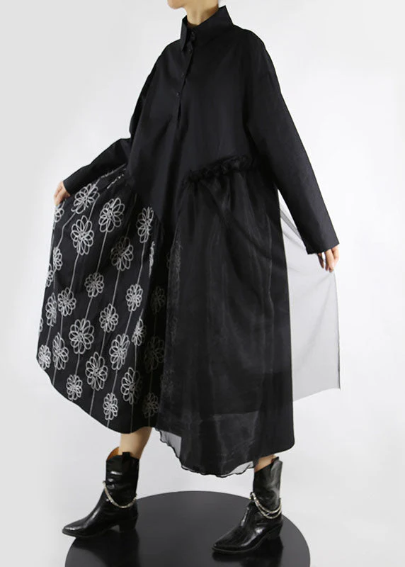 Boho Black Peter Pan Collar print tulle Patchwork shirt Dresses Spring - Image 4