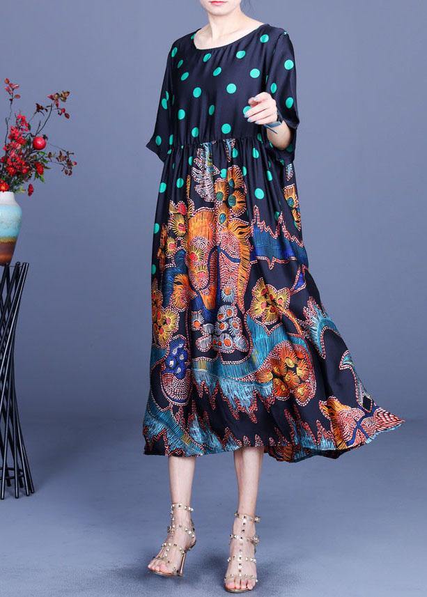 Boho Black Print O-Neck Half Sleeve Silk Vacation Dresses Summer - Image 2