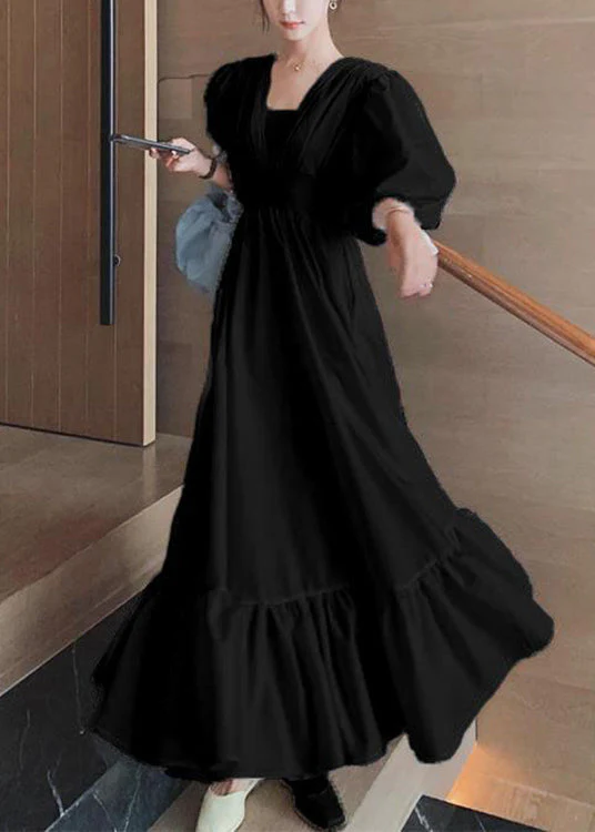 Boho Black Ruffled Lace Up Patchwork Cotton Long Dresses Summer - Image 3