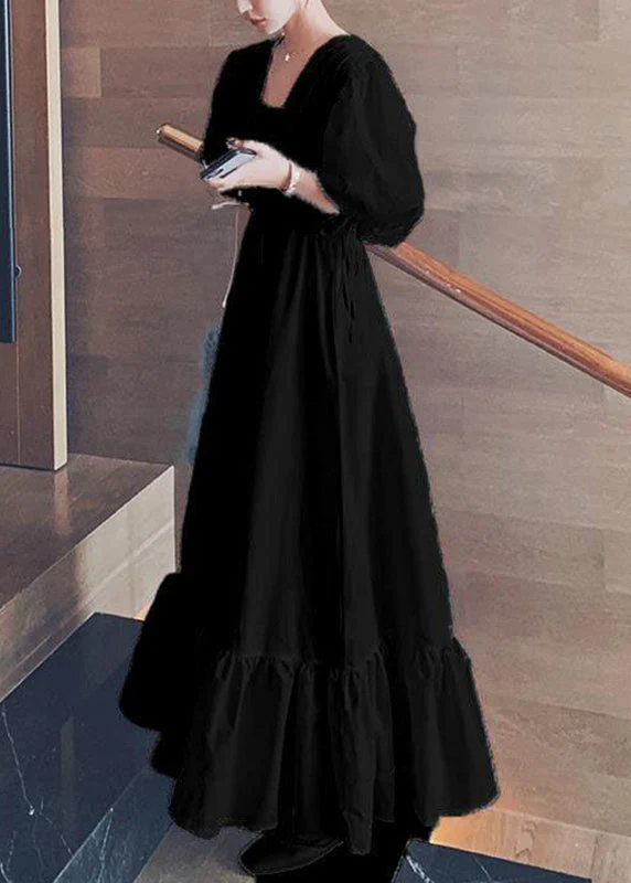 Boho Black Ruffled Lace Up Patchwork Cotton Long Dresses Summer - Image 4