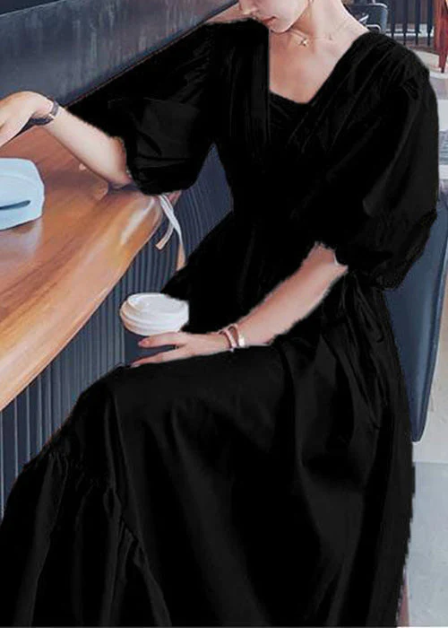 Boho Black Ruffled Lace Up Patchwork Cotton Long Dresses Summer - Image 5