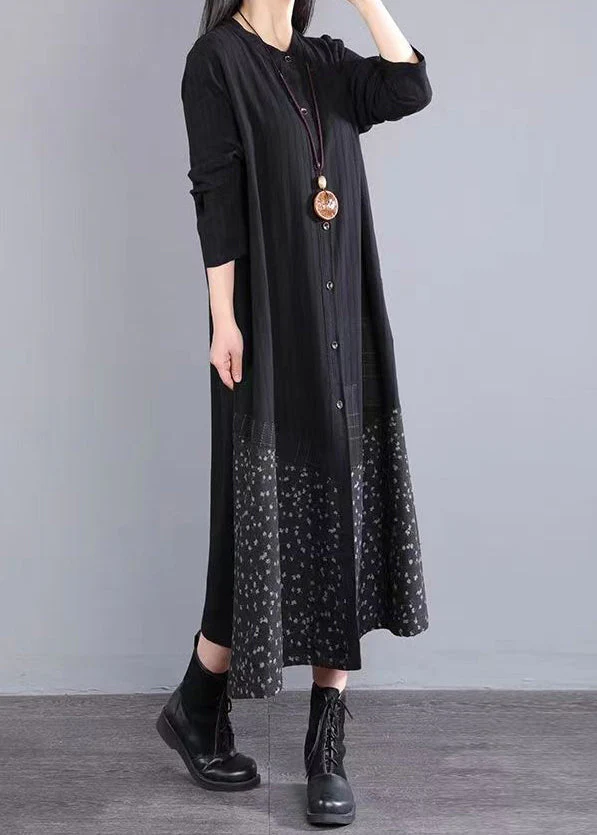 Boho Black Stand Collar Button Patchwork Cotton Dress Fall - Image 3