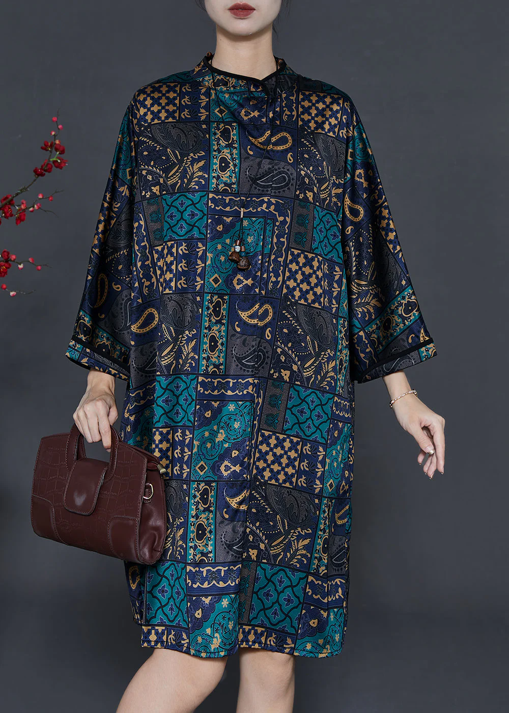 Boho Black Stand Collar Print Silk Work Dress Fall - Image 2