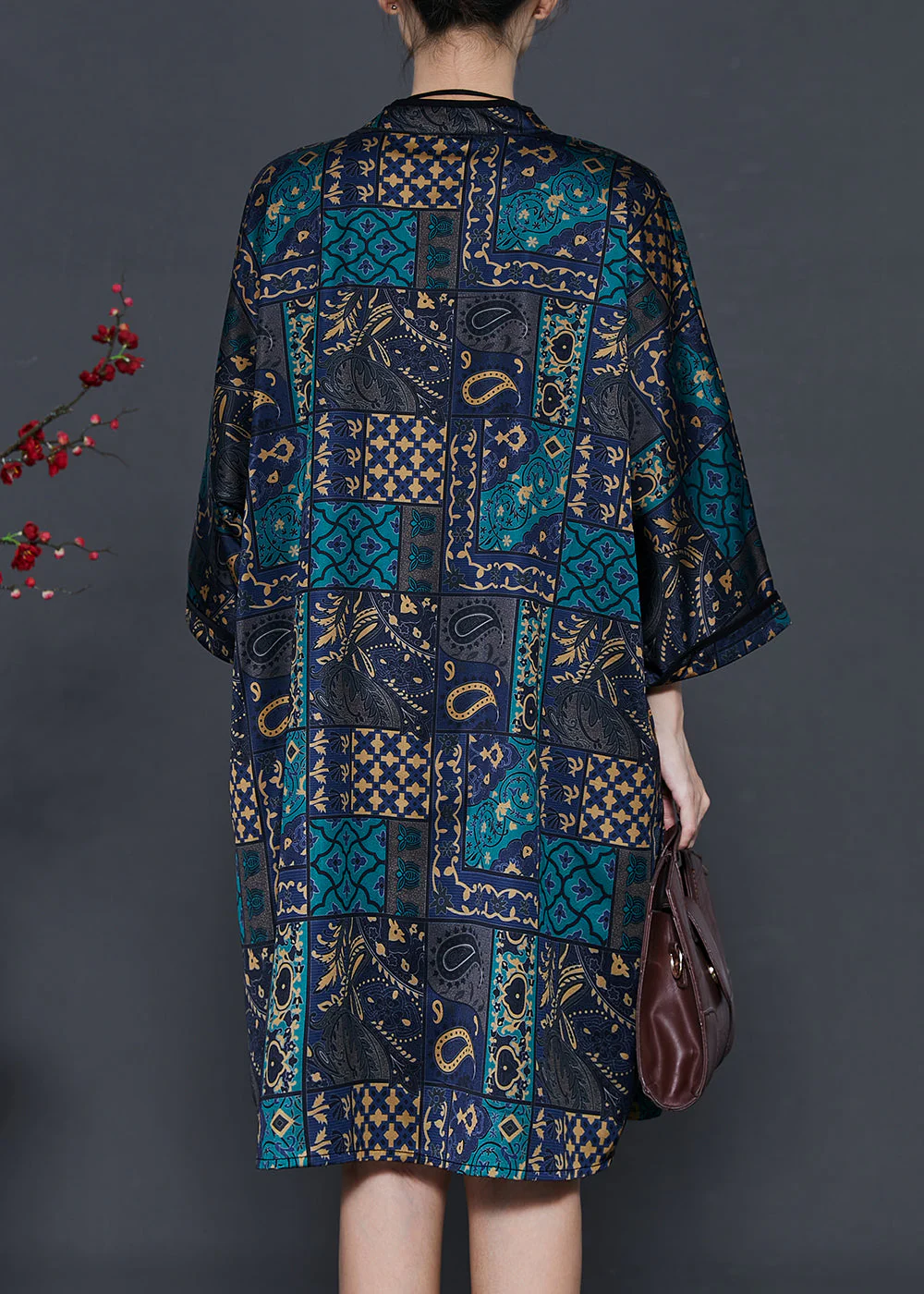 Boho Black Stand Collar Print Silk Work Dress Fall - Image 4