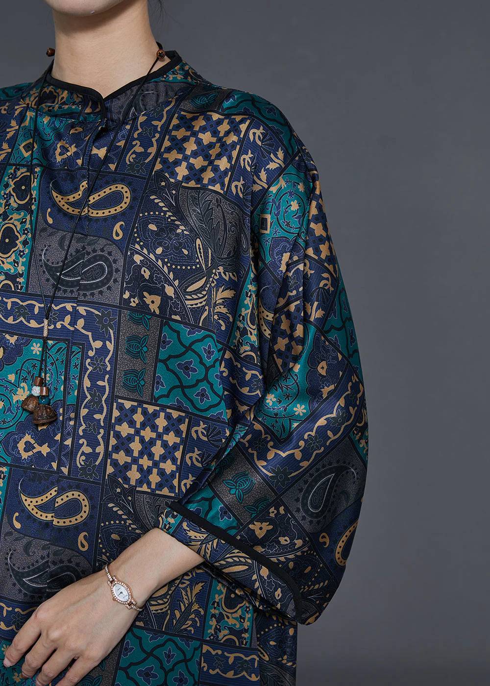 Boho Black Stand Collar Print Silk Work Dress Fall - Image 5