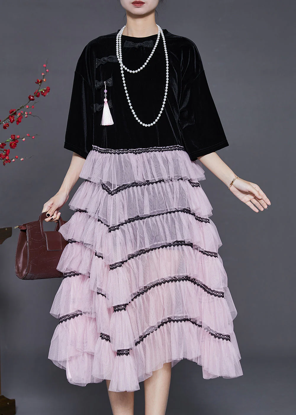 Boho Black Tasseled Patchwork Chinese Button Tulle Dress Summer - Image 2
