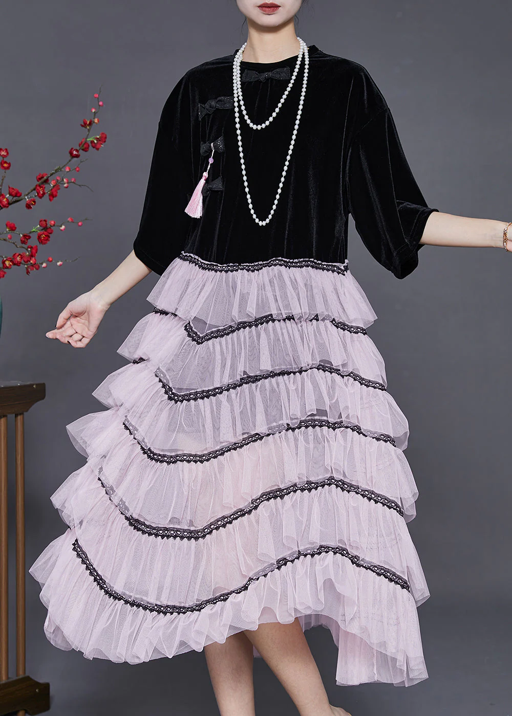 Boho Black Tasseled Patchwork Chinese Button Tulle Dress Summer - Image 3