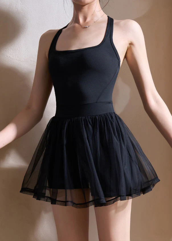 Boho Black Tummy Control Fake Two Piece Sports Dress Summer - Image 3