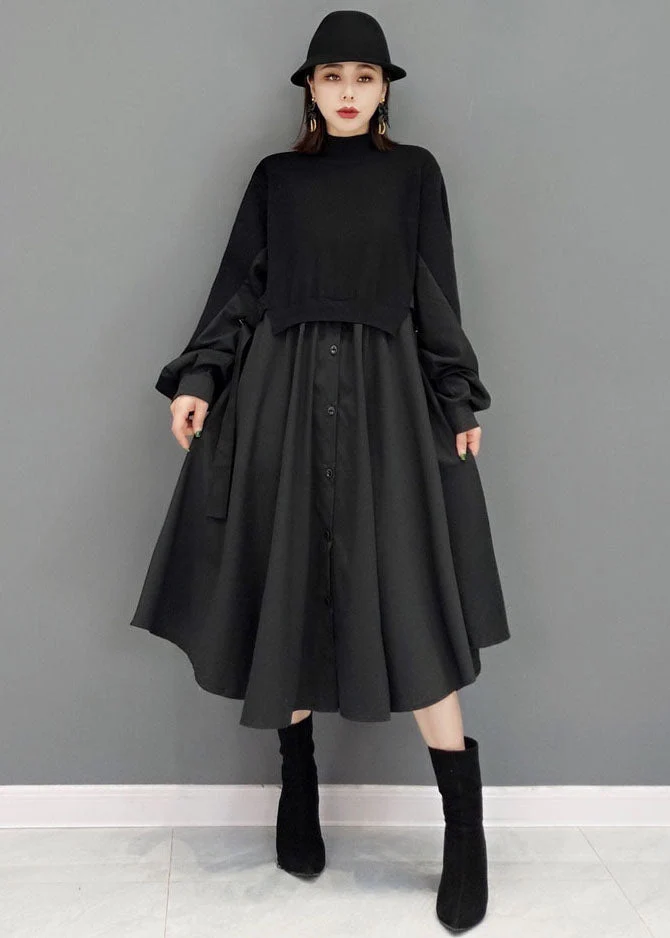 Boho Black Turtle Neck Patchwork Cotton Vacation Dresses Long Sleeve - Image 2