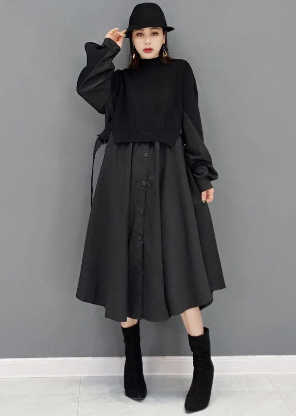 Boho Black Turtle Neck Patchwork Cotton Vacation Dresses Long Sleeve - Image 3