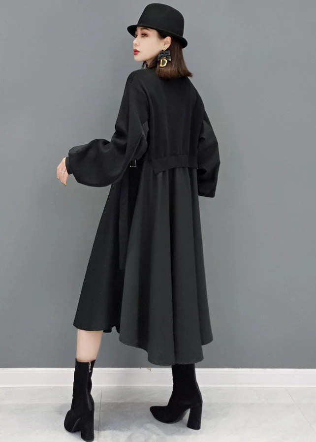 Boho Black Turtle Neck Patchwork Cotton Vacation Dresses Long Sleeve - Image 4