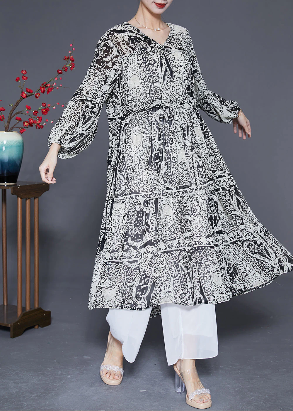 Boho Black V Neck Cinched Print Chiffon Long Dress Spring - Image 3